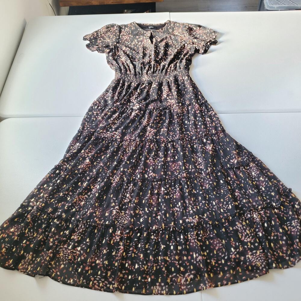 MSK Dress Womens Medium Black Floral Maxi Smocked Waist Flutter Sleeve Wedding